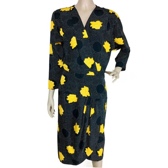 Vintage 60's/70's Black Yellow Floral Polka Dot Print Surplice Sheath Dr… - Picture 1 of 7